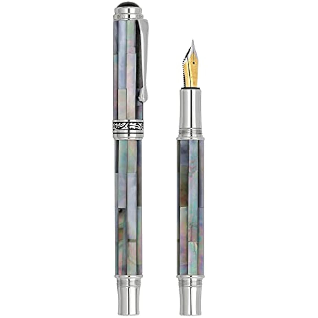 Xezo Maestro Fountain Pen, Medium Nib. Handcrafted with Black Mother of Pearl Inlay. Platinum Plated. Limited Edition, Serialized. No Two Alike