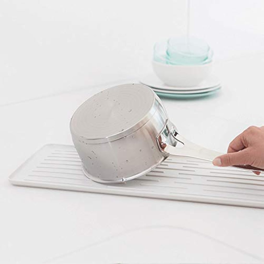 Brabantia Dish Drying Draining Rack (Compact / Light Grey) Easy-Clean Drip Tray and Removable Cutlery Basket, Corrosion-Resistant Aluminium Rack, Compact (20 x 46 cm)