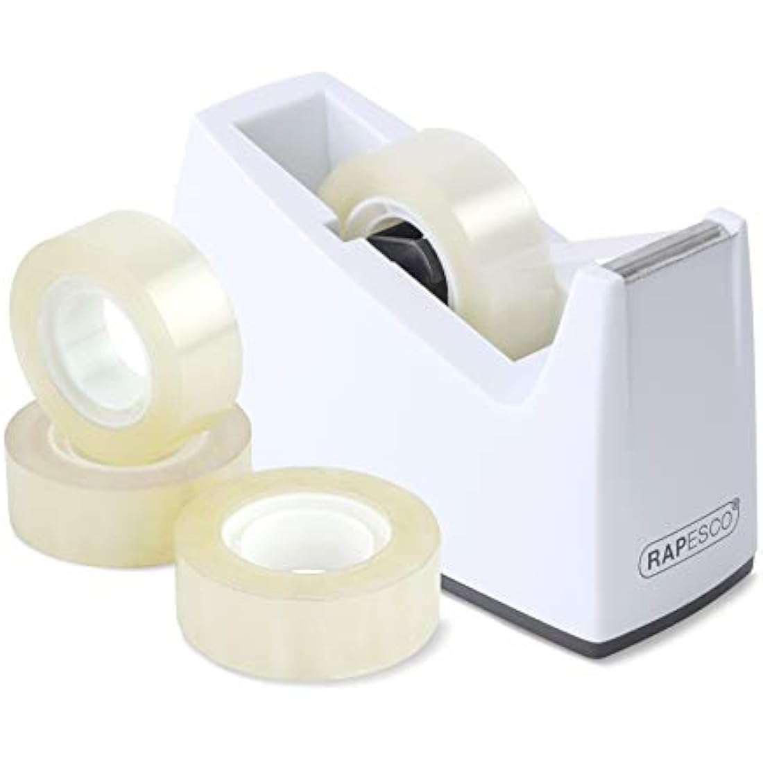 Rapesco 1620 300 Tape Dispenser for Rolls with 1" (25 mm) Core, Includes 4 Tape Rolls, White