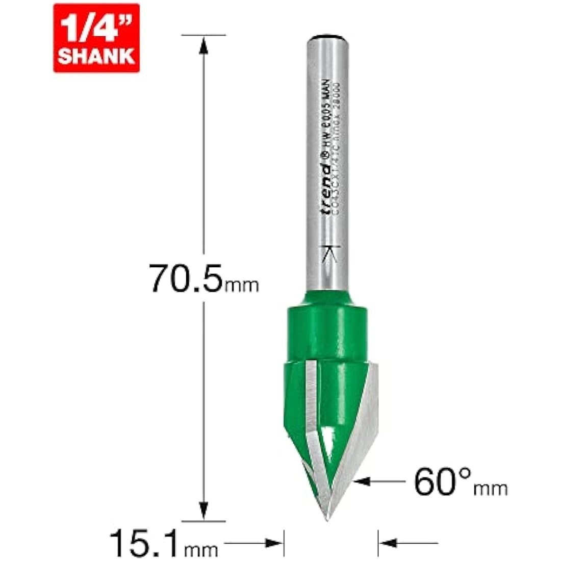 Trend CraftPro Triple Flute Engraver Router Cutter Bit, 1/4 Inch Shank, 15.1 mm Cut Diameter & 60 Degree V Groove, Tungsten Carbide Tipped, C043CX1/4TC