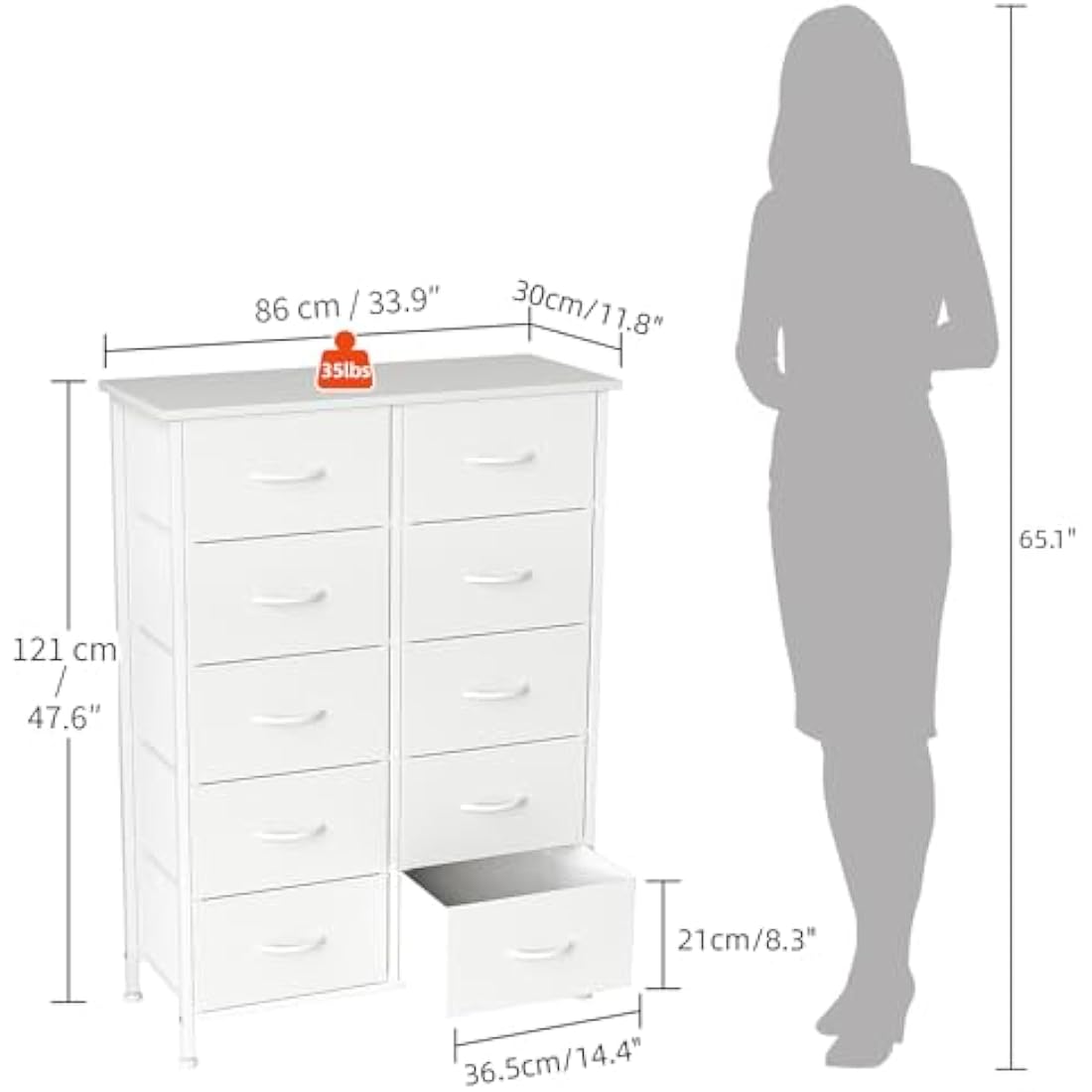 CAIYUN Chest of Drawers Bedroom with 10 Drawers, Tall Fabric Storage Organizer Clearance with Wood Top and Large Storage Space, for Bedroom, Living room, Entryway, Tv Stand, Closet, White