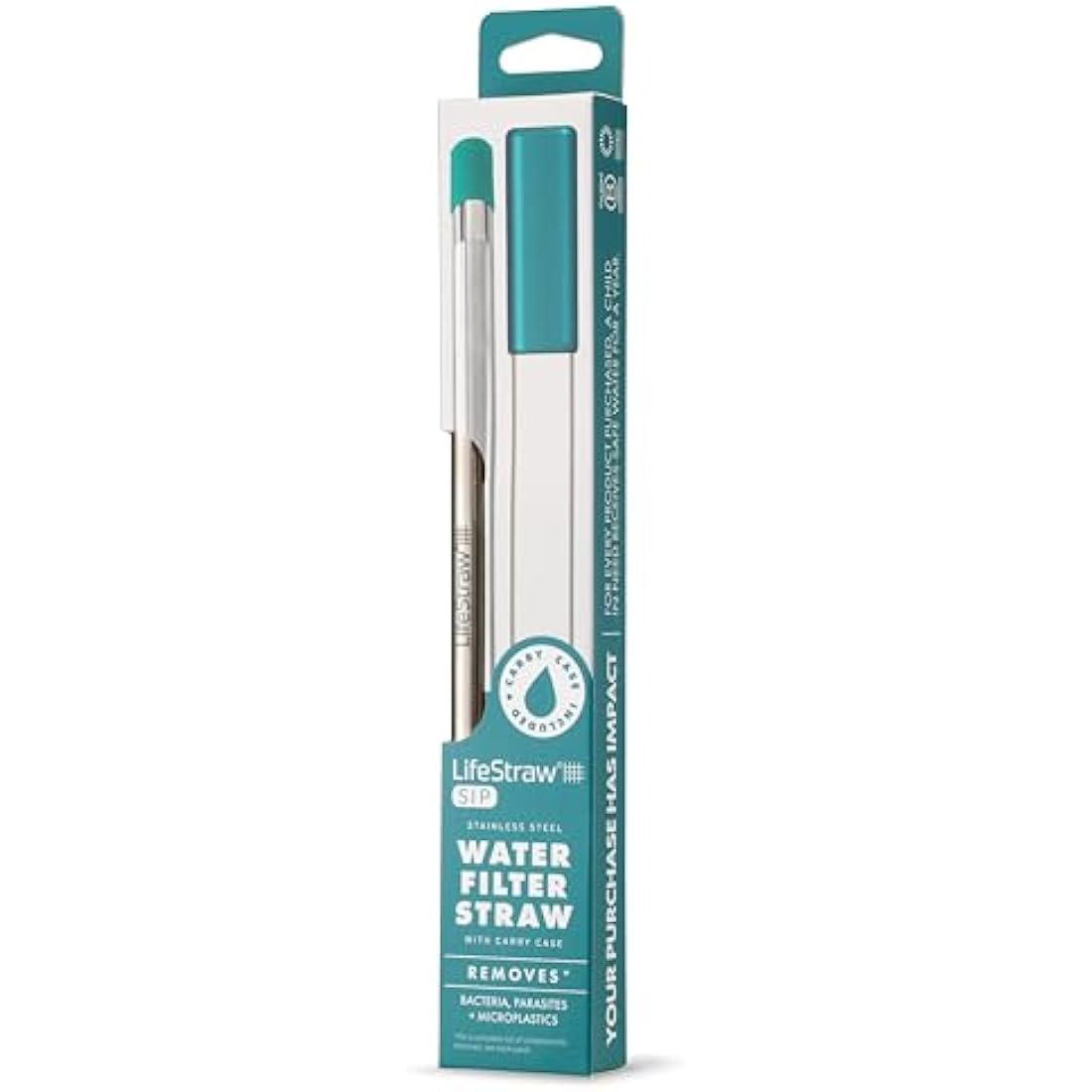 LifeStraw Sip – Reusable Stainless Steel Water Filter Drinking Straw with Carry Case, Removes Microplastics, Bacteria and Parasites for Travel and Everyday Use, Laguna Teal
