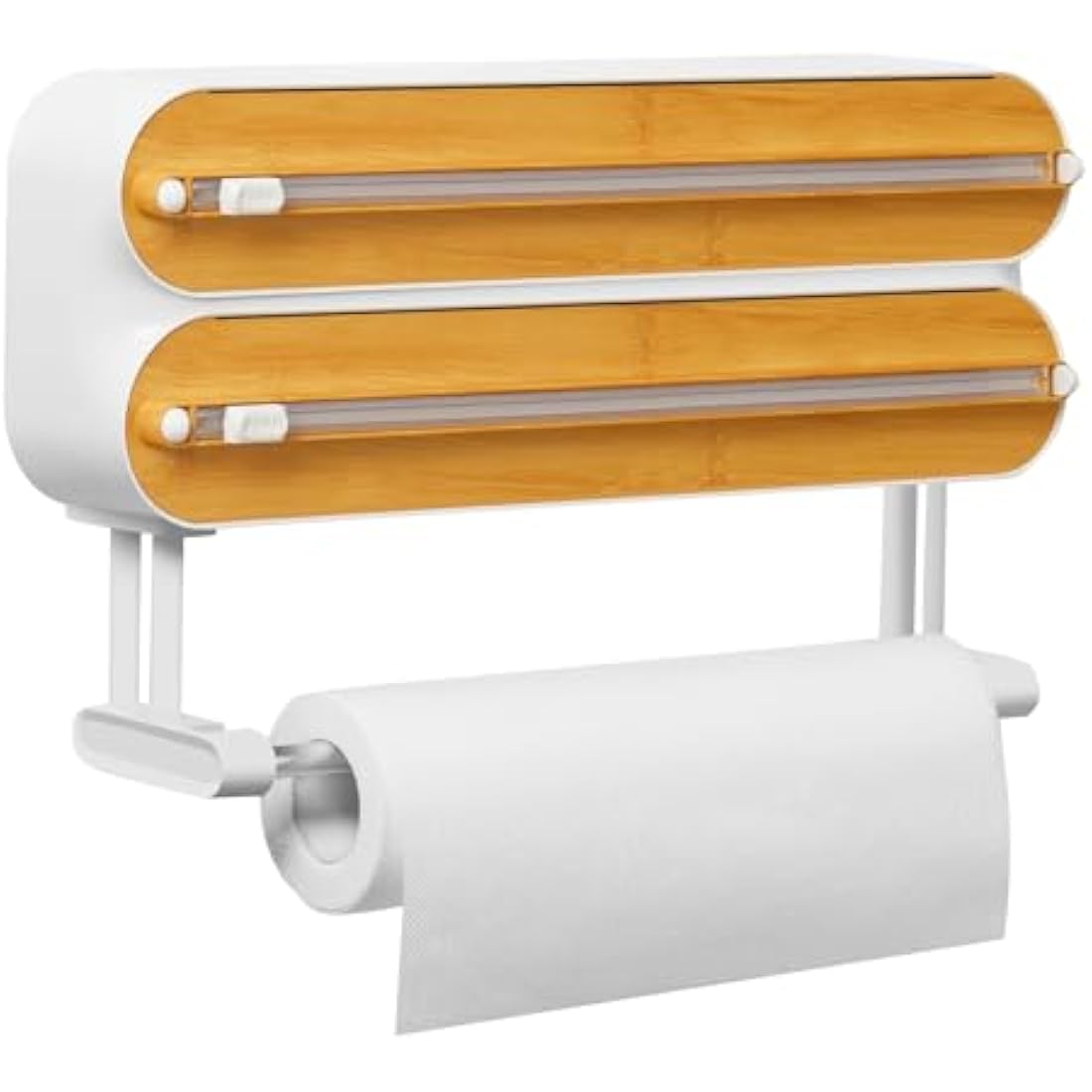 Magnetic Cling Film Dispenser and Cutter - Advanced 3-in-1 Wall-Mounted Kitchen Roll Holder, Quasziwa Refillable Cling Wrap & Aluminium Foil Dispenser with Paper Towel Holder - Fits 12" Roll, White