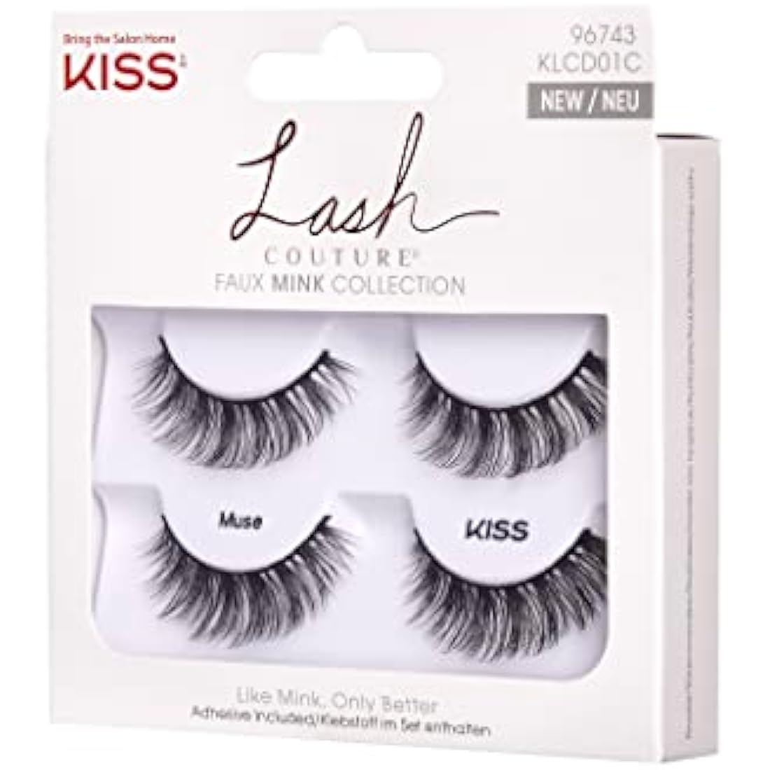 KISS Lash Couture Faux Mink Collection Double Pack of False Lashes, Muse, Ultrafine, Tapered, Synthetic Fake Lashes includes Lash Glue