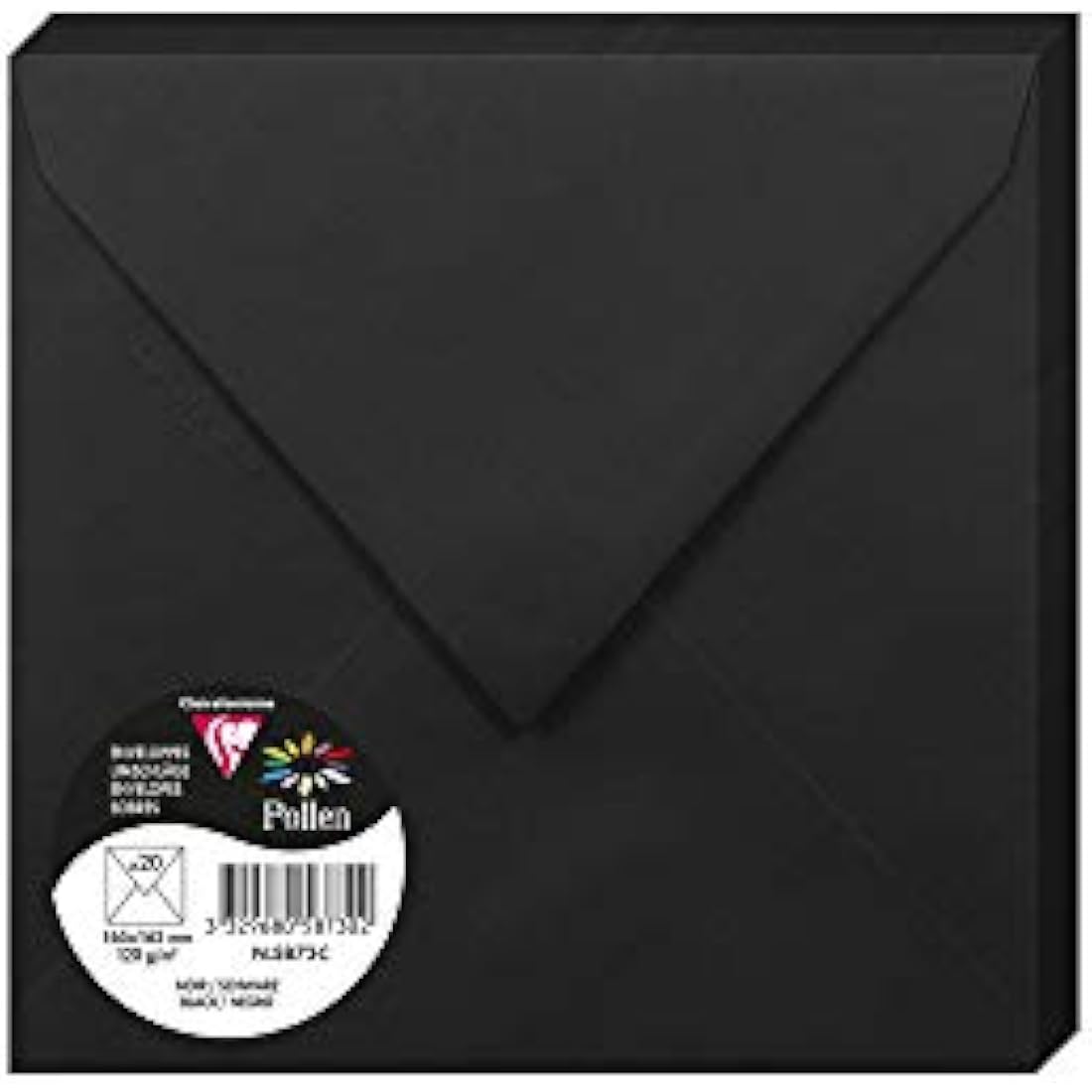 Clairefontaine - Ref 5873C - Pollen Envelopes (Pack of 20) - 165 x 165mm Sized, 120gsm Paper, Gummed Seal, Inkjet & Laser Printer Compatible, Acid Free - Black