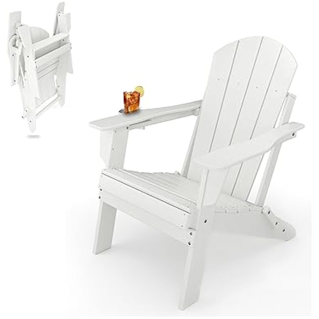 Sleek Space Adirondack Folding Chair for Garden, Patio or Deck - Arm Rests and Cup Holder - Lightweight, Weatherproof - Stylish, Durable Outdoor Furniture for Fire Pit, Beach, Poolside, Porch (White)