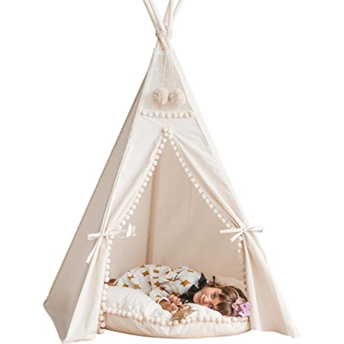 MINICAMP Original Teepee Tent for Kids, Handmade Natural Canvas & Wooden Playhouse for Children & Toddlers, Indoor Sleepover Play Tent for Girls & Boys, Extra-Stable Child Tipi with Pom-Poms