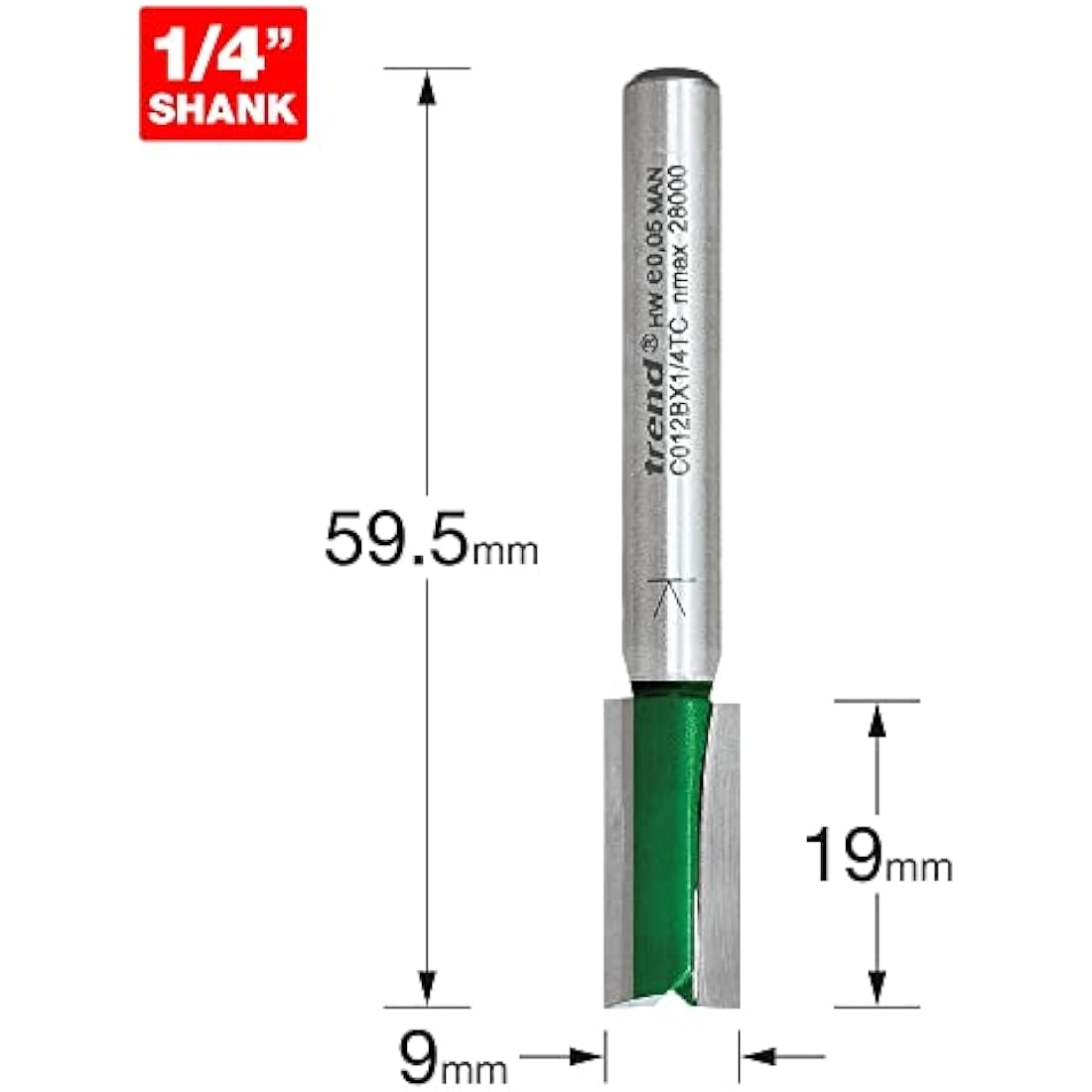 Trend CraftPro Straight Two Flute Router Cutter Bit, 1/4 Inch Shank, 9mm Cut Diameter & 19mm Cut Length, Tungsten Carbide Tipped, C012BX1/4TC