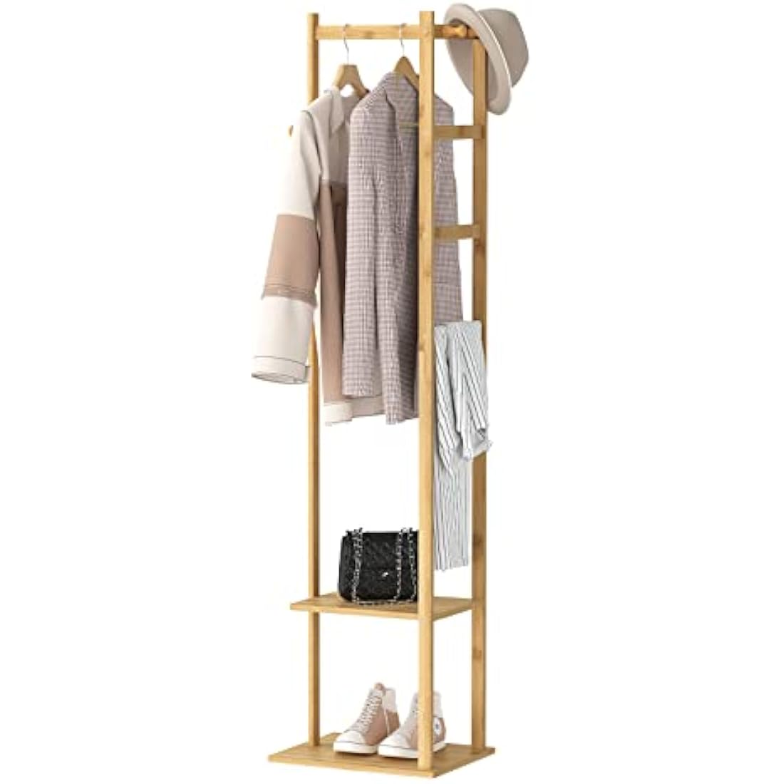 unho Bamboo Clothing Rack, Corner Coat Rack Stand Hall Trees Free Standing Clothes Hanging Rail Garment Rack with 2 Shelves 3 Hanger Hooks and Pants Hanger for Entryway Bedroom Living Room