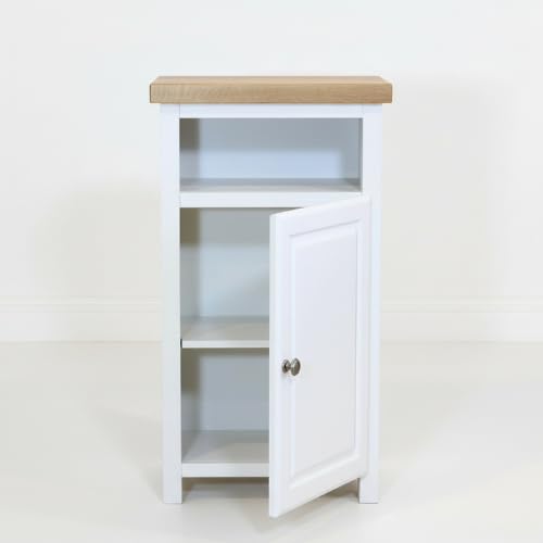 ALL WHITE Small Cabinet with Shelf, Solid Wooden Slim Cabinet for Hallway or Livingroom, Ready Assembled Narrow Unit with Oak Top Slim Storage Unit