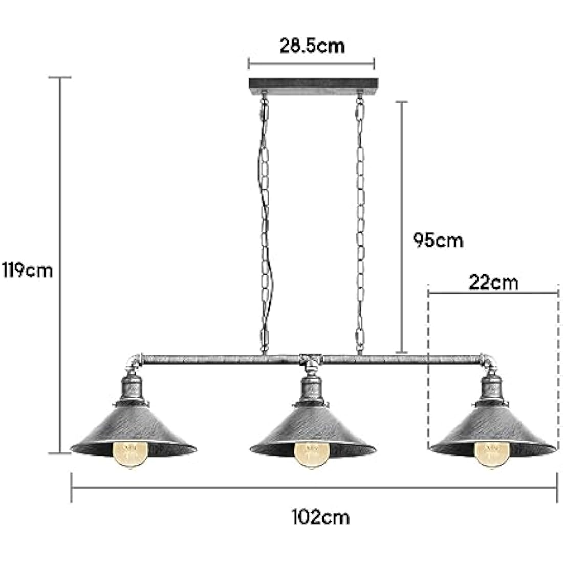 LEDSONE Industrial 3-Light Pendant Ceiling Light Brushed Silver Metal Adjustable Chain E27 Cone Shade Steampunk Hanging Fixture for Kitchen, Dining Room, Bar, Loft, Living Room