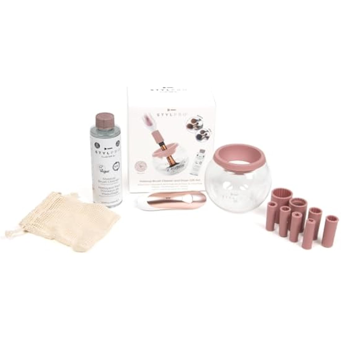 StylPro Gift Set Kit: Electric Makeup Brush Cleaner and Dryer Machine with 8 Brush Collars, Brush Cleanser - Fast, Automatic Spinning Brush Cleaner with Heat-Resistant Bowl (ROSE GOLD)