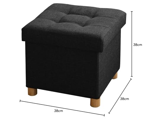 BRIAN & DANY Folding Ottoman Storage Box with Wood Legs, Linen Foot Stool, Footstool with Storage, Highly Elastic Sponge Filling, Black, 38 x 38 x 38