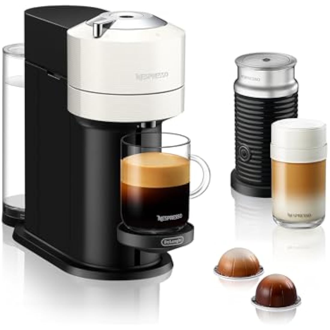 Nespresso Vertuo Next Coffee Machine by De'Longhi with Aeroccino Milk Frother, Over 30 Varieties of Pods, 6 Coffee Cup Sizes, Latte, Cappuccino, Starter Capsule Set Included, EN120.WAE, White