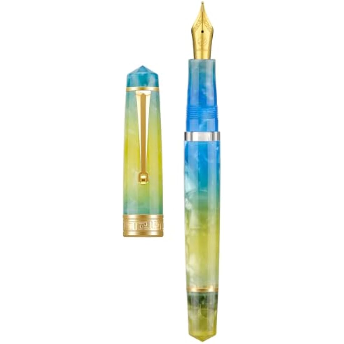 Asvine P20 Gradual Yellow Piston Fountain Pen, Iridium Fine Nib Gold Trim Smooth Writer Collection Resin Pen with Case Set