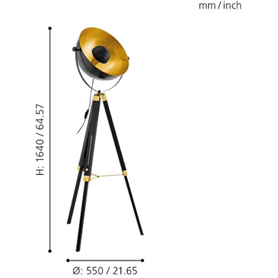 Eglo Covaleda 1-Flame Industrial and Vintage Floor lamp, Made of Wood and Steel with Brass, Black and Gold Colours Standing Light, incl. Switch, E27 Socket