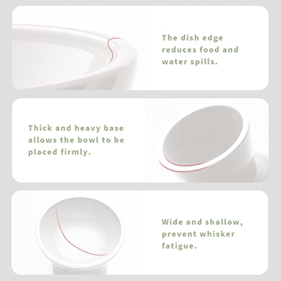 CEEFU 2 x Extra Wide Ceramic Cat Bowls for Food and Water, Shallow Plate, Lead and Cadmium Free, Raised Height for Dogs and Cats, Two Different Depth Bowls, White