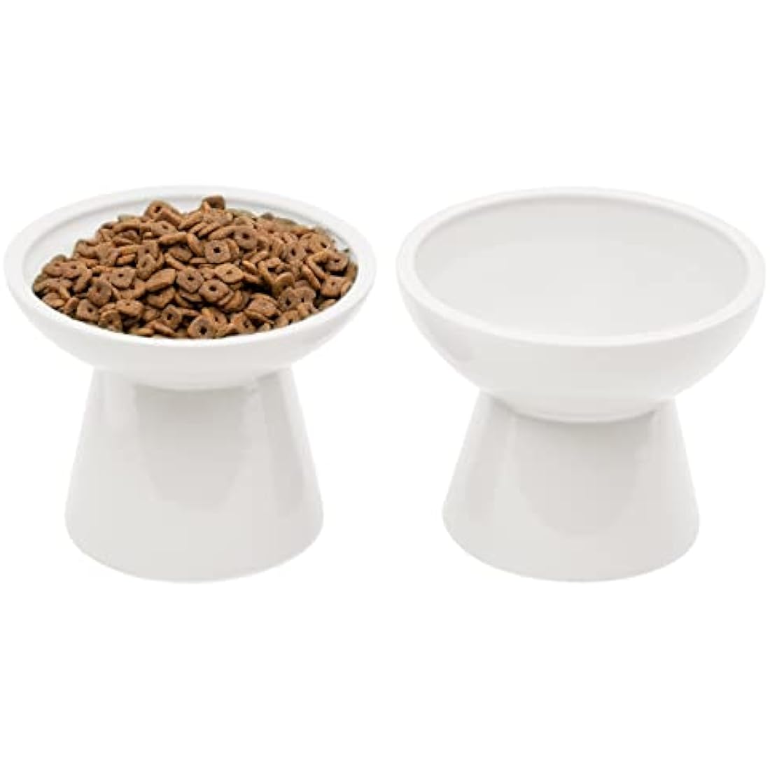 CEEFU 2 x Extra Wide Ceramic Cat Bowls for Food and Water, Shallow Plate, Lead and Cadmium Free, Raised Height for Dogs and Cats, Two Different Depth Bowls, White