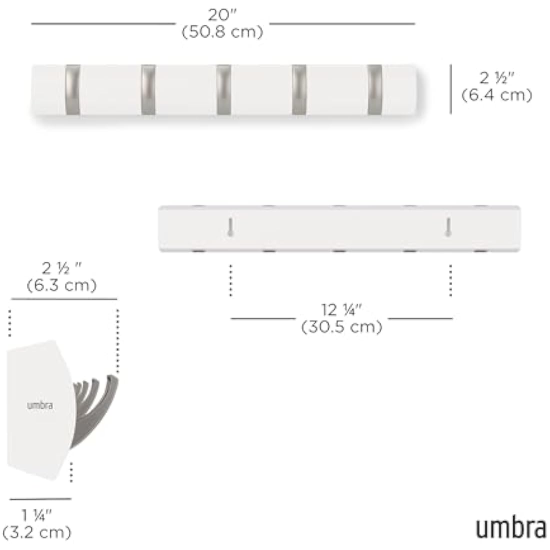 Umbra Flip 5-Hook Wall Mounted Coat Rack, Modern, Sleek, Space-Saving Coat Hanger with 5 Retractable Hooks to Hang Coats, Scarfs, Purses and More, White/Nickel