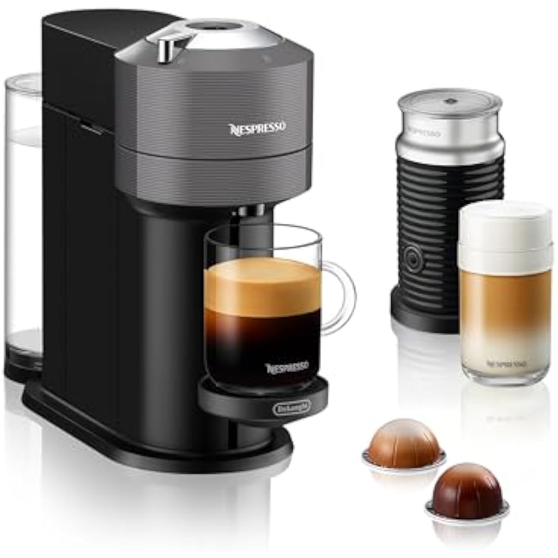 Nespresso Vertuo Next Coffee Machine by De'Longhi with Aeroccino Milk Frother, Over 30 Varieties of Pods, 6 Coffee Cup Sizes, Latte, Cappuccino, Starter Capsule Set Included, EN120.GYAE, Grey