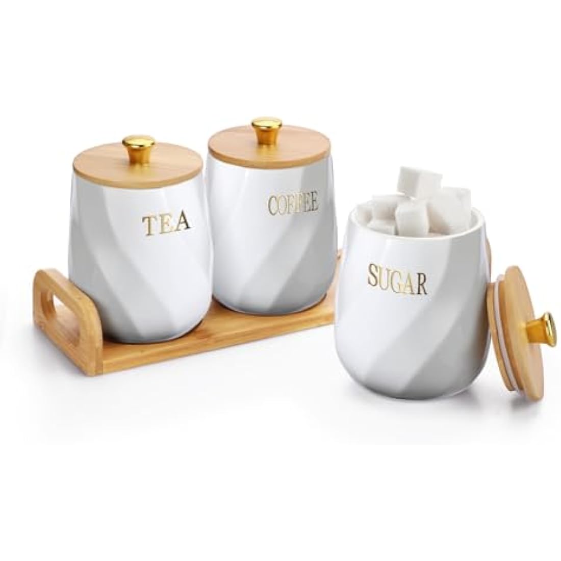 BTSKY Ceramic Kitchen Canisters with Lid and Tray - White Airtight Sugar Coffee Tea Containers with Wooden Tray, Food Storage Jars for Kitchen Counter
