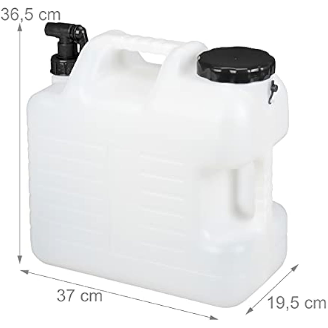 Relaxdays Water Canister with Tap, 20 litres, Camping Container, BPA-Free Plastic, Wide Opening, Handle, White/Black, 38x22x39 cm