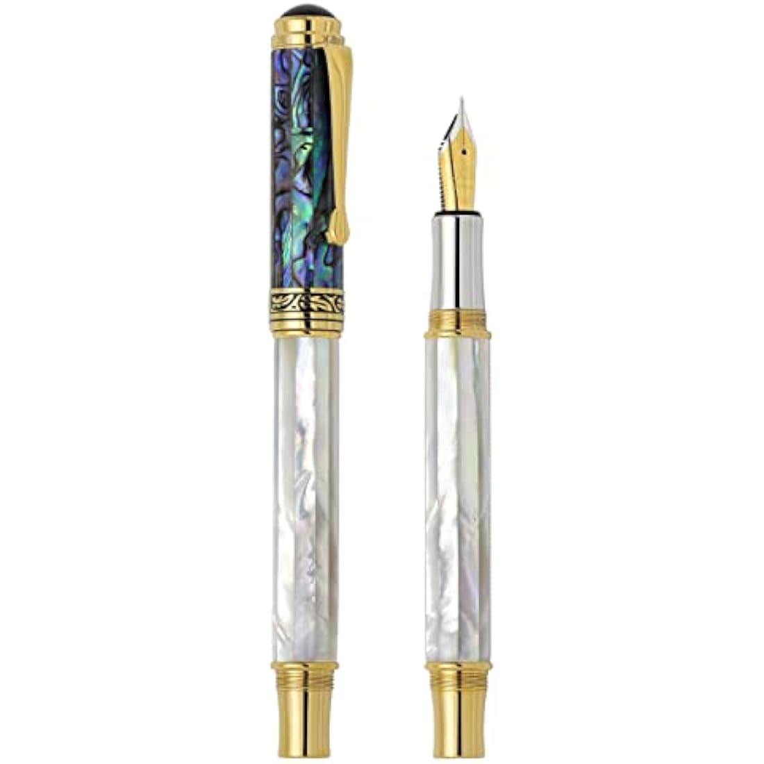 Xezo Maestro Fountain Pen, Medium Nib. Iridescent Oceanic Origin White Mother of Pearl and Pāua Sea Shell. 18 Karat Gold and Pure Platinum Plating. No Two Alike