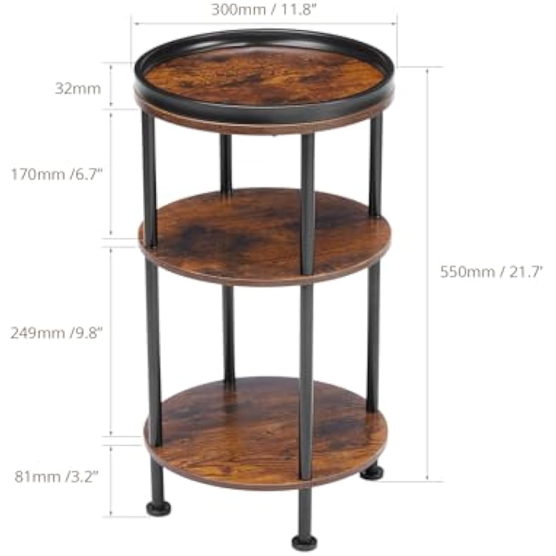 YEAKOO Nordic End Table, 3-Tier 30cm Round Side Table with Storage Shelf Edge Protection Tray, Sturdy Metal Frame Coffee Table Bedside Table for Living Room Bedroom Small Spaces-Rustic Brown