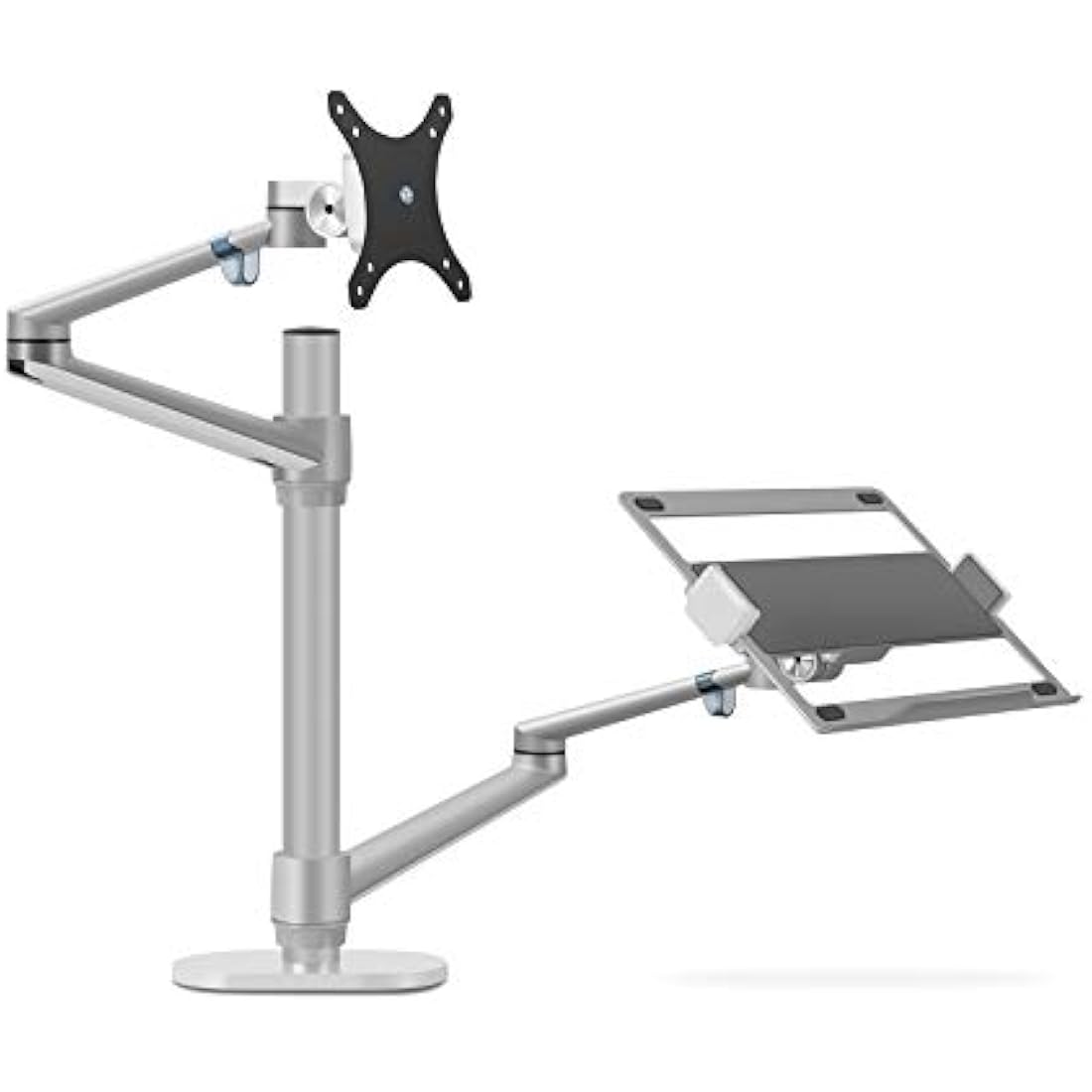 Thingy Club Dual Arm Monitor & Laptop Mount, Desk Mount Stand for up to 30 inch Computer Screen and 12-17 inch Laptop, Height Adjustable, Swivel at Any Angle, Each Arm Supports 8KG (Silver)
