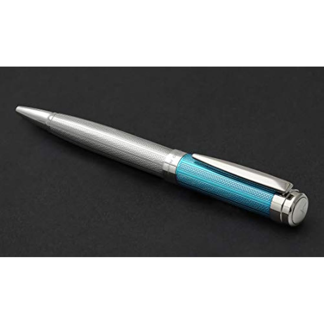 Xezo Incognito Twist-Action Ballpoint Pen, Solid 925 Sterling Silver with Azure Blue Lacquered Cap. Pure Platinum Plated. Weighty & Diamond-Cut Engraved. Limited Edition
