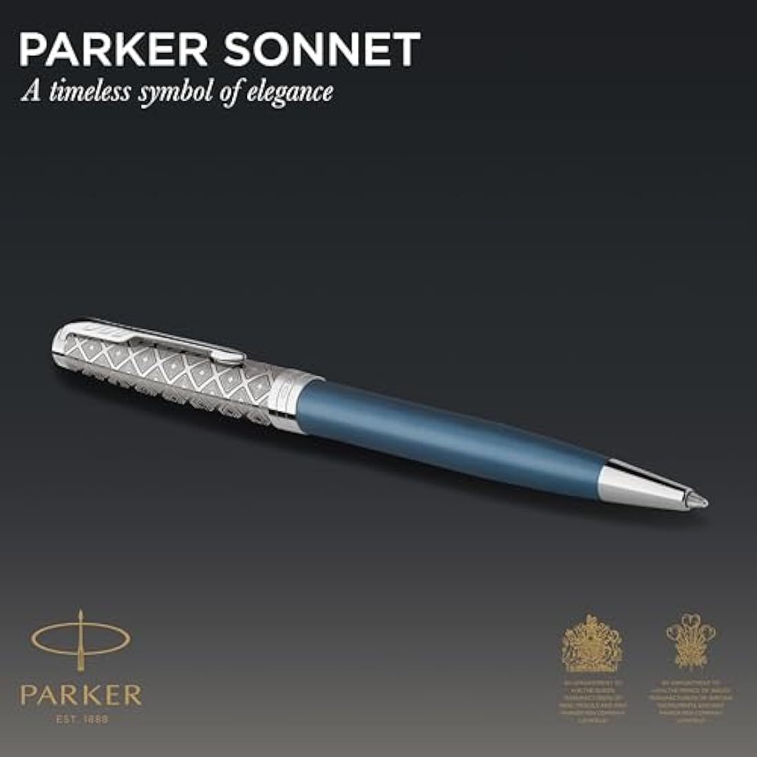 PARKER Sonnet Ballpoint Pen | Premium Metal and Blue Satin Finish with Chrome Trim | Medium Point with Black Ink Refill | Gift Box