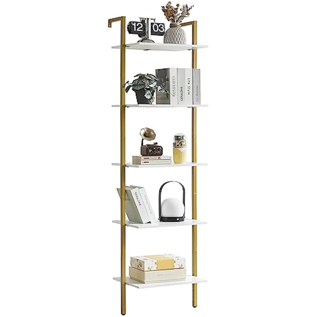 YMYNY Bookshelf Wall Mounted, Ladder Shelf, 5-Tier Bookcase Rack, Storage Unit with Metal Frame, Industrial Floating Wall Shelf for Living Room, Kitchen, Office, 40×30×178CM White HBC015W