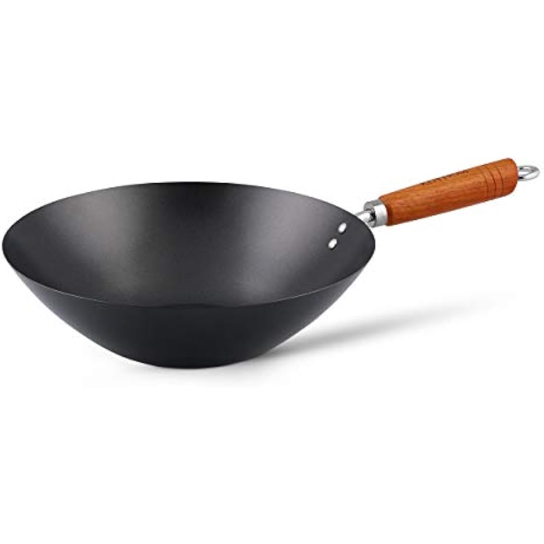 Ken Hom Carbon Steel Wok, 31cm, Classic, Non-Induction/Wooden Handle/Flat Base Pan, Includes 1 x Chinese Wok Pan, KH331001