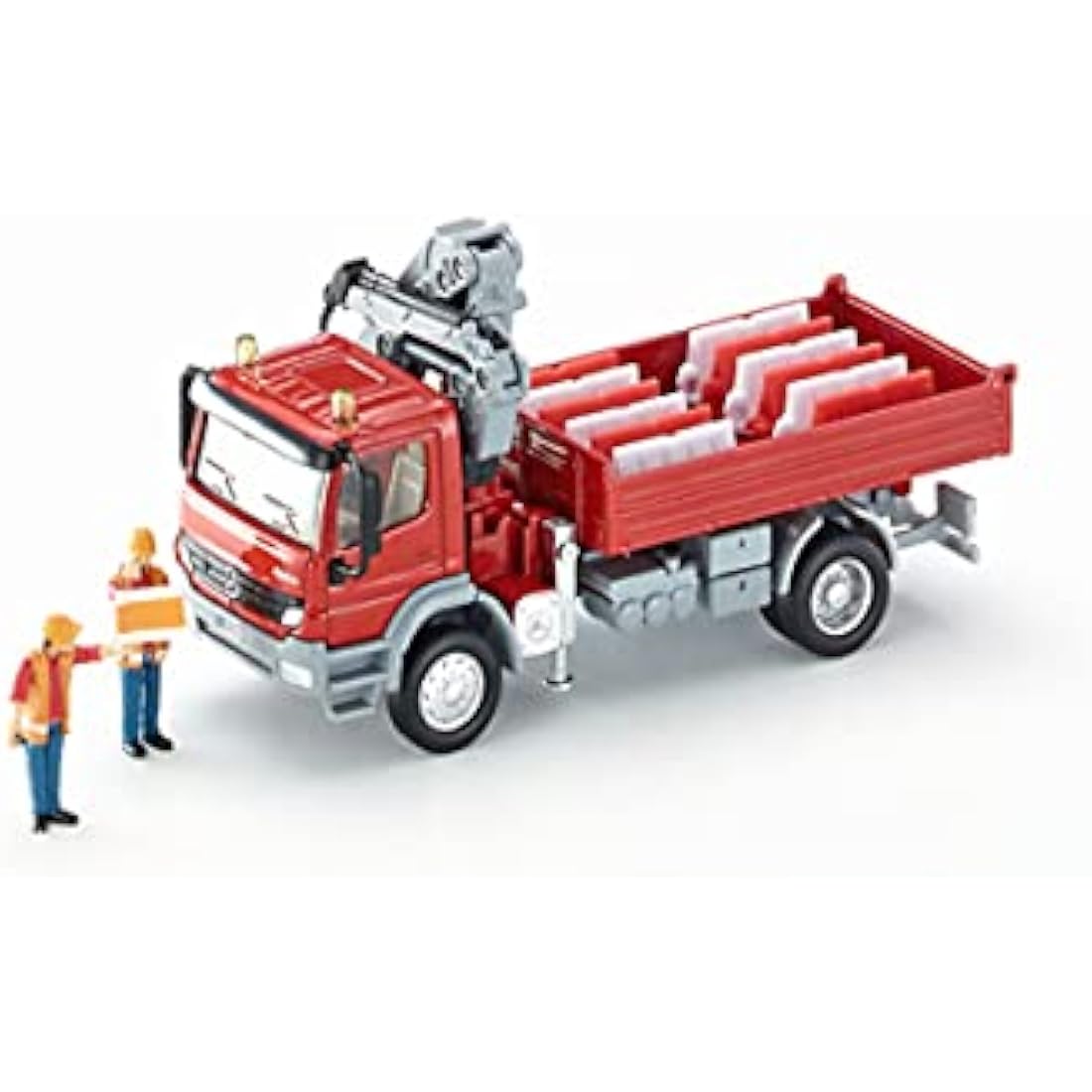 siku 3534, Lorry with Loading Area and Crane, 1:50, Metal,Plastic, Red, Incl. 2 toy figures and 12 traffic barriers