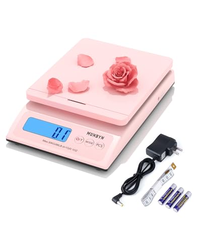 MUNBYN Shipping Scale, Accurate 30kg 66lb/0.1oz Postal Scale, with Pink Style, Hold/Tear/PCS Function, Auto-Off, Battery & AC Adapter, Back-Lit LCD Display, Digital Scale for Packages, Letters, Food
