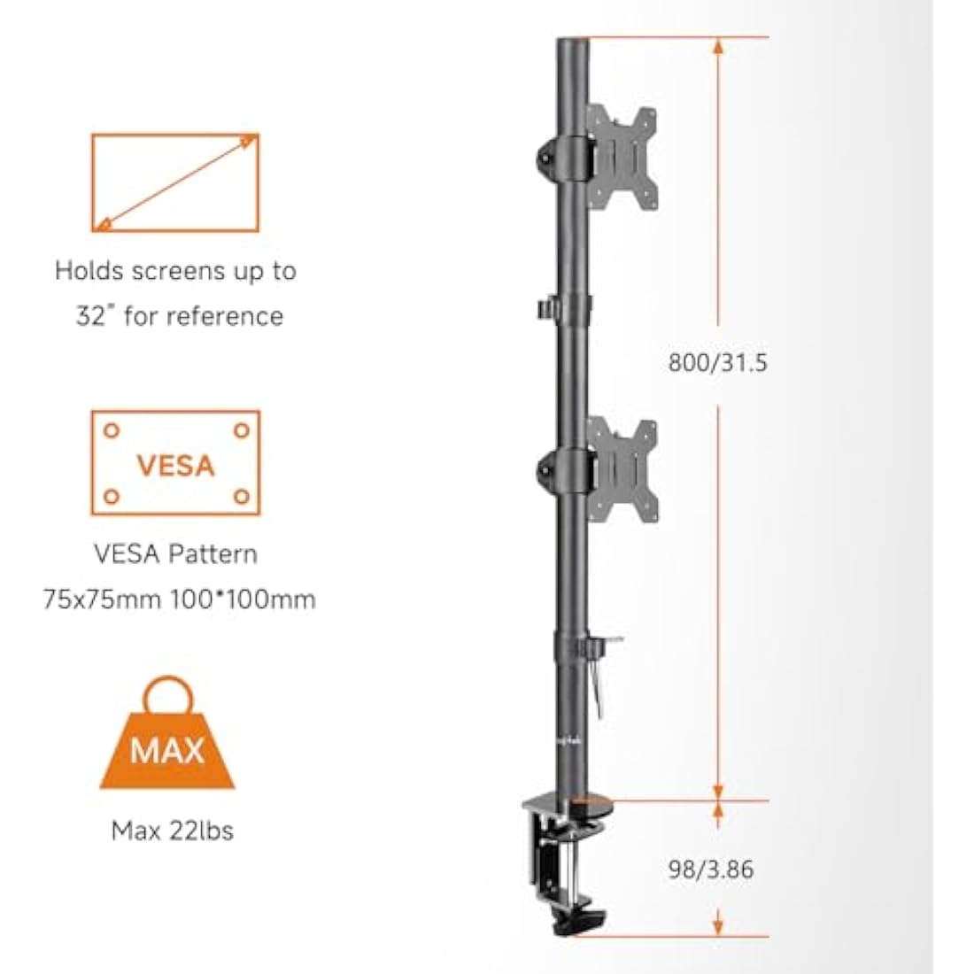 Bracwiser Vertical Dual Monitor Mount Fits 13-27 Inch LCD LED Monitor Computer PC Screens,Clamp Mounting, Fully Adjustable Desk Mount. MD7802