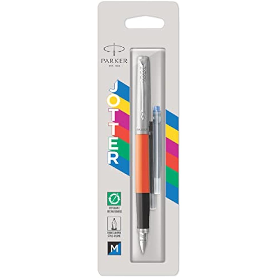 Parker Jotter Originals Fountain Pen | Classic Orange Finish | Medium Nib | Blue & Black Ink