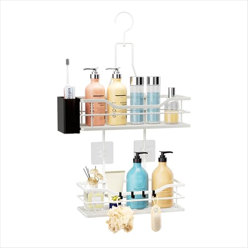 HapiRm Shower Caddy Hanging Organiser - 2 Tier Bathroom Caddy Organiser with 360? Rotatable Top Hook and 4 Hooks, White Rustproof Shower Shelf Hanging