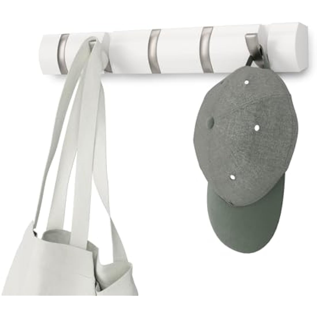 Umbra Flip 5-Hook Wall Mounted Coat Rack, Modern, Sleek, Space-Saving Coat Hanger with 5 Retractable Hooks to Hang Coats, Scarfs, Purses and More, White/Nickel