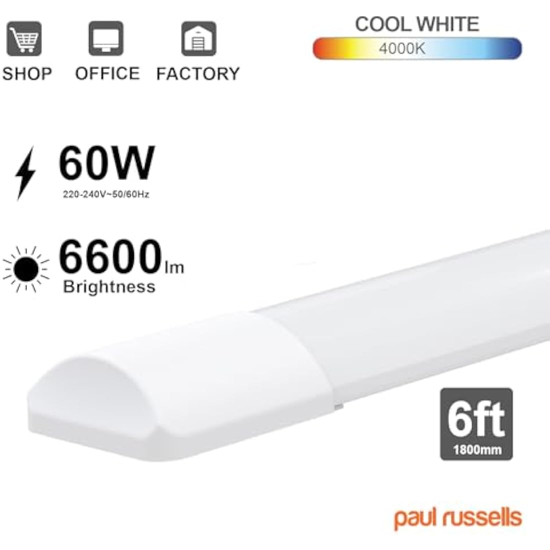 paul russells 6ft LED Batten, Ceiling Fitting Tube Light, 4000K Cool White, 60W, 6600 Lumens, Light for Office, Bathroom, Kitchen, Garage, Warehouse Fluorescent Lighting Replacement, 1 Pack