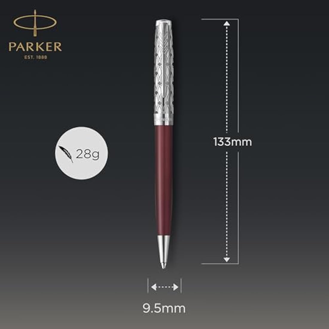 PARKER Sonnet Ballpoint Pen | Premium Metal and Red Satin Finish with Chrome Trim | Medium Point with Black Ink Refill | Gift Box
