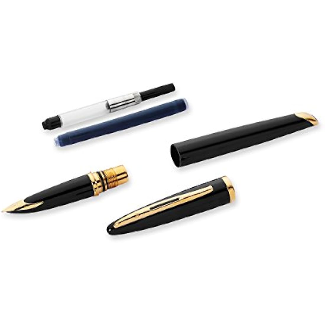 Waterman Carène Black Sea Fountain Pen | High-Gloss Black & 23k Gold Clip | Medium Nib with Blue Ink Cartridge | Gift Box