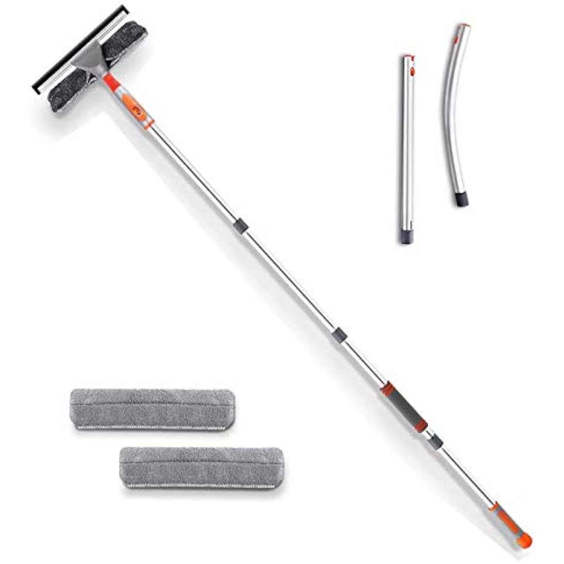 Baban Squeegee Window Cleaner 2 in 1 Window Cleaning Tool with Elbow and Straight Extension Pole, 61'' Telescopic Window Washing Equipment with Bendable Head for Car Indoor Outdoor High Windows (2 Pad