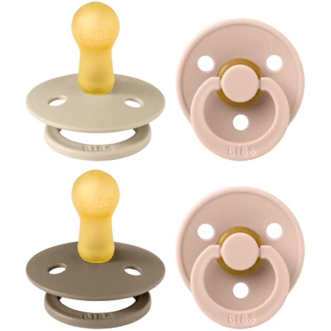 BIBS Dummies Colour 4-Pack, BPA Free Dummy Pacifier, Round Nipple Soothers, Natural Rubber Latex, Made in Denmark. 6-18 Months (Pack of 4), Baby Blush Colours