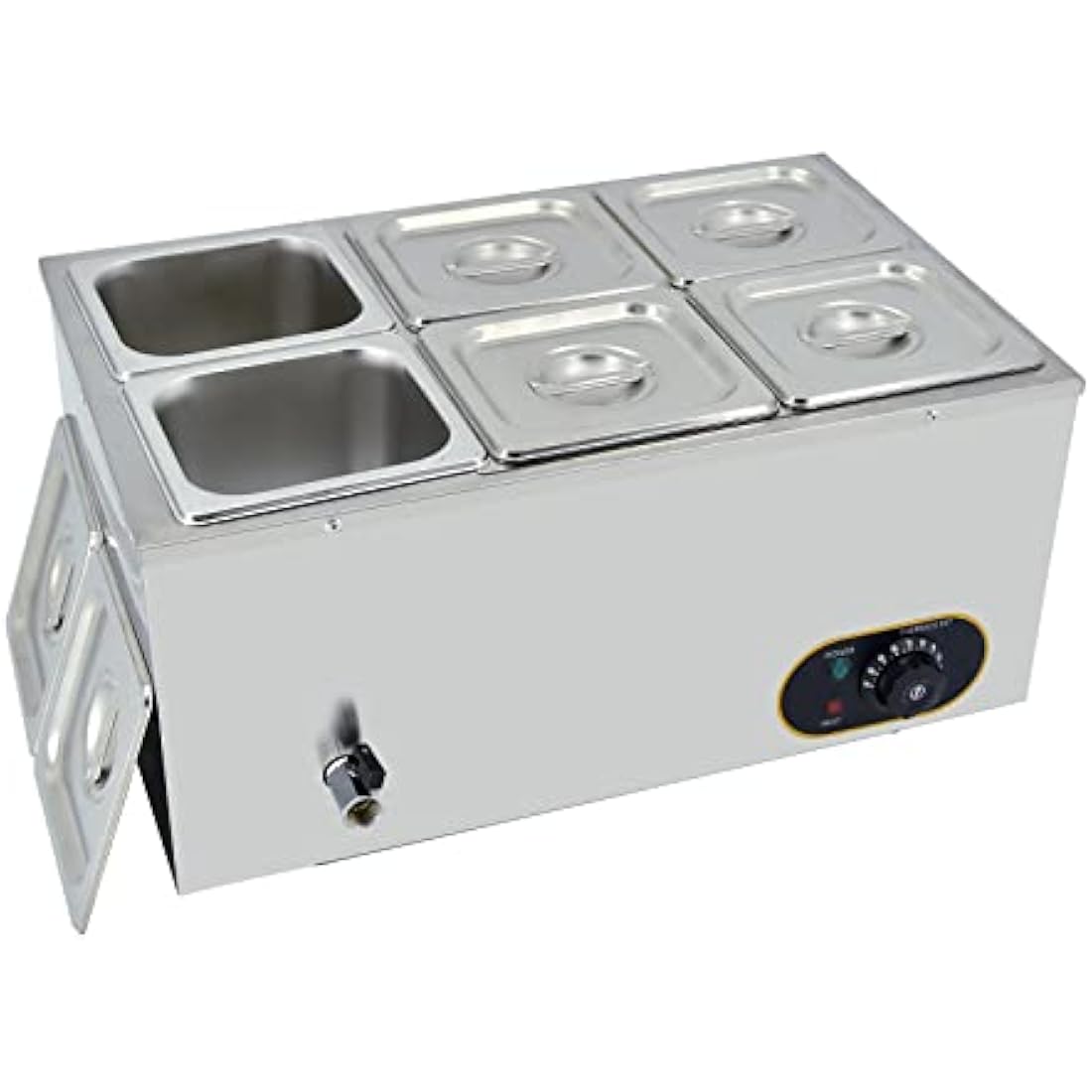 Commercial Food Warmer Stainless Steel Bain Marie Buffet Warmer 1500W, Temperature Range 30-85 °C, GN 1/6 Containers -150mm x6 Pans with Lids, Drain Tap