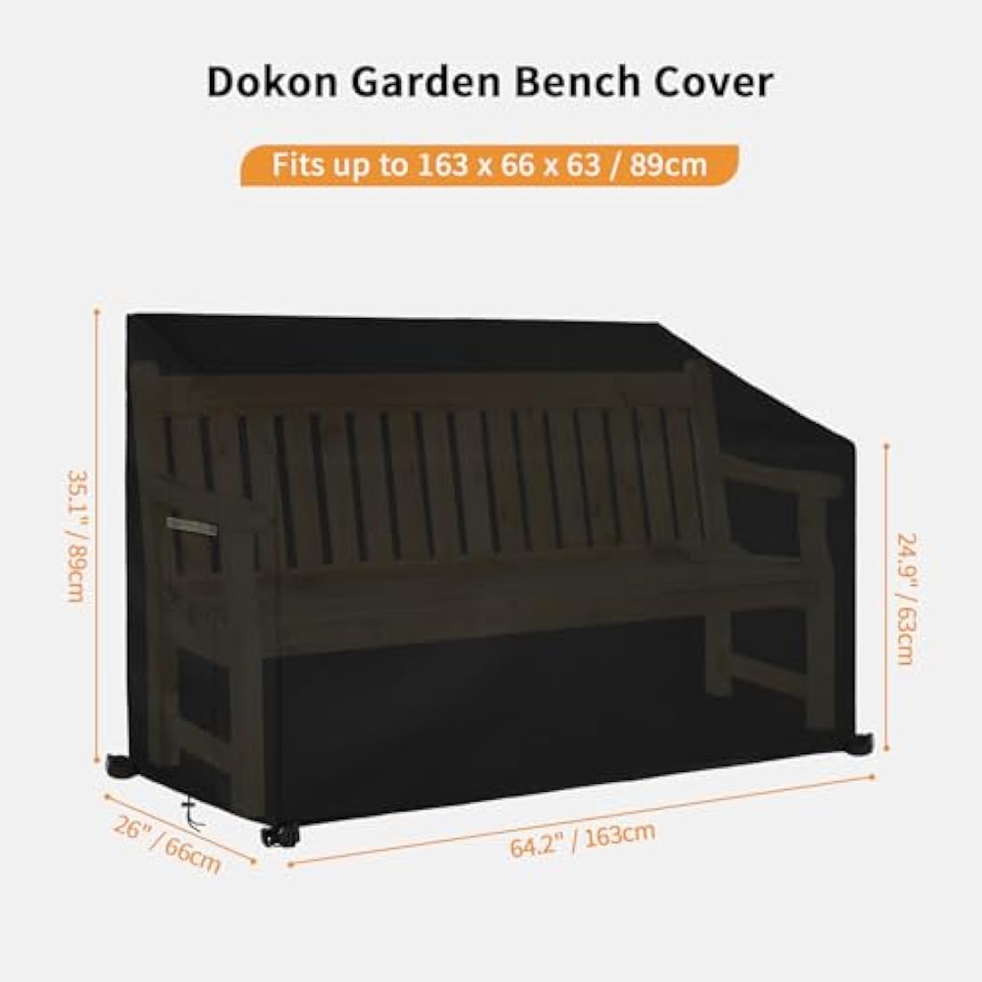 Dokon 3 Seat Garden Bench Covers Waterproof Heavy Duty Oxford Fabric Outdoor Bench Seat Cover with Air Vents Windproof Anti-UV Patio Garden Seat Covers (163x66x63/89cm) - Black