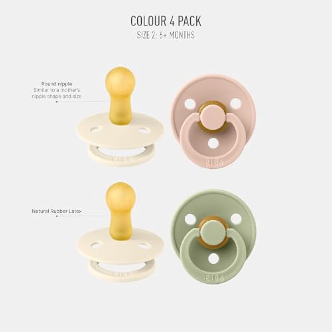 BIBS Dummies Colour 4-Pack, BPA Free Dummy Pacifier, Round Nipple Soothers, Natural Rubber Latex, Made in Denmark. 6-18 Months (Pack of 4), Ivory Mix