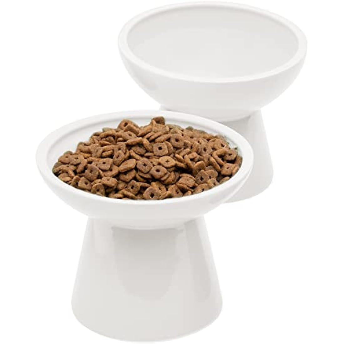 CEEFU 2 x Extra Wide Ceramic Cat Bowls for Food and Water, Shallow Plate, Lead and Cadmium Free, Raised Height for Dogs and Cats, Two Different Depth Bowls, White