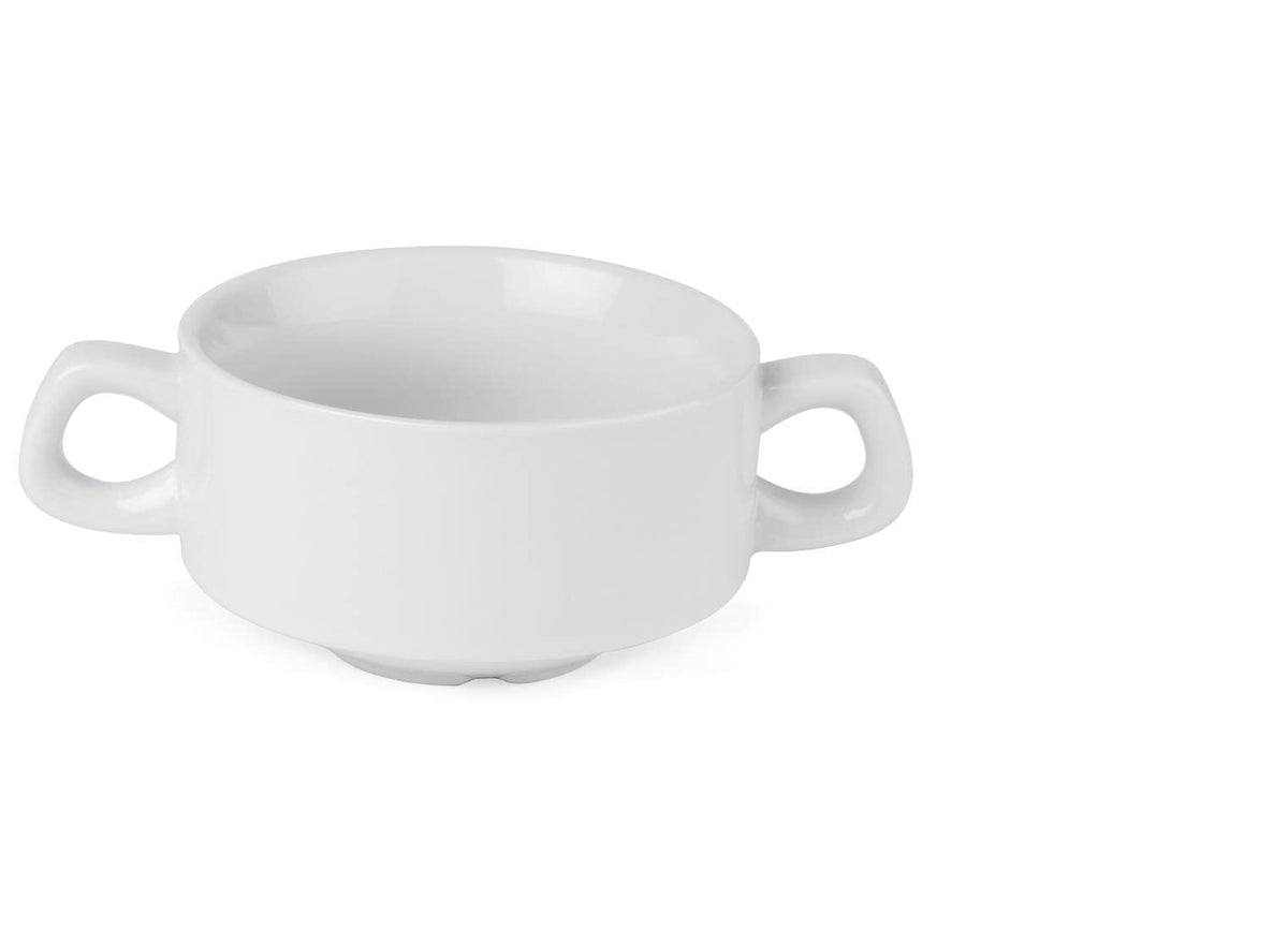 Olympia Athena Hotelware Stacking White Handled Soup Bowls 290ml / 10 1/4 ounce, Pack of 12, Diameter: 107mm / 4 1/4 inch, Chip Resistant Porcelain,