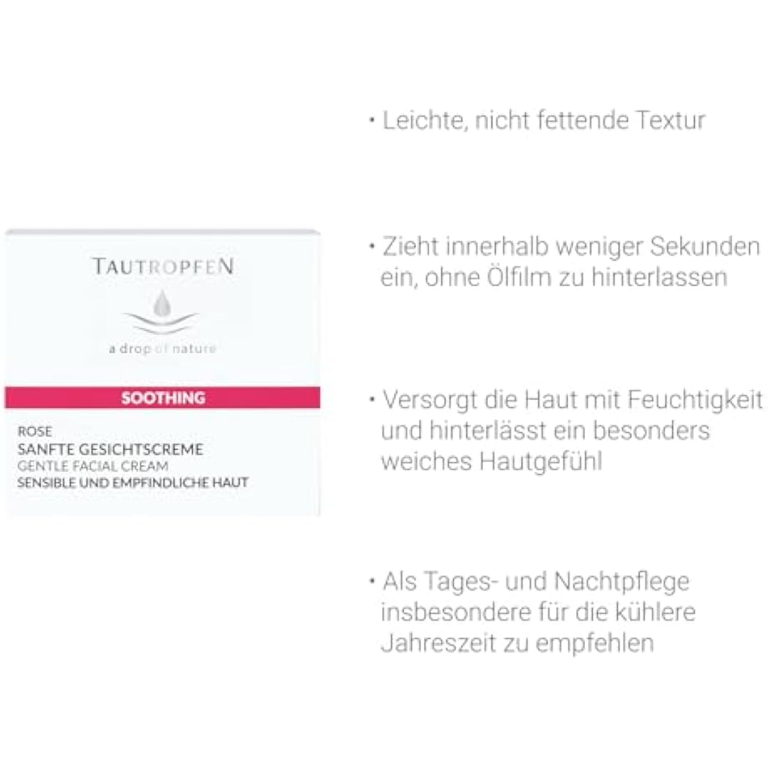 Tautropfen Rose Soothing Solutions, Gentle Facial Cream For Delicate and Easily Irritated Skin, 50 Milliliter